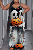 Orange Blue Halloween Pumpkin Print Backless Spaghetti Strap Floor Length Plus Size Vacation Baggy Sundress Slip Maxi Dress