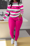 Yellow Stripe Print O Neck Long Sleeve Oversize Tops And Skinny Pants Sportwear Casual Two Pieces Sweatpant Set