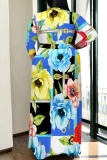 Light Yellow Floral Print V Neck 3/4 Sleeve Floor Length Vacation Long Loose Maxi Dress
