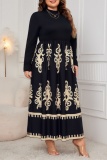 Black Casual Boho Graphics Print O Neck Long Sleeve Long Vacation Plus Size A Line Maxi Dresses