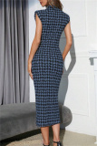 Casual Houndstooth Print Sleeveless Half A Turtleneck Wrapped Skirt Formal Evening Party Bodycon Maxi Dress