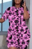 Pink Casual Halloween Graphics Print O Neck Short Sleeve Oversize T-Shirt And Shorts Two Pieces Shorts Sets