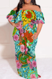 White Casual Floral Print Off Shoulder Flutter Sleeve Long Loose Vacation Plus Size Maxi Dresses