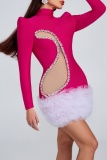 Rose Red Rhinestone Decor Turtleneck Long Sleeve Mesh Ruffle Hem Party Formal Evening Bodycon Mini Dresses