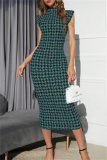 Casual Houndstooth Print Sleeveless Half A Turtleneck Wrapped Skirt Formal Evening Party Bodycon Maxi Dress