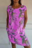 Red Casual Floral Print O Neck Short Sleeve Loose Vacation Cotton Midi T-shirt Dress