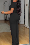 Formal Short Sleeve U Neck Buckle Office Lady Straight Leg Jumpsuits