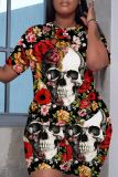 Dark Blue Halloween Costume Skull Head Print O Neck Short Sleeve Oversize T-Shirt And Shorts Two Pieces Shorts Sets