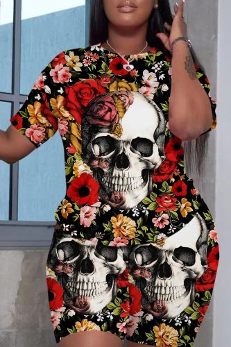 Dark Blue Halloween Costume Skull Head Print O Neck Short Sleeve Oversize T-Shirt And Shorts Two Pieces Shorts Sets