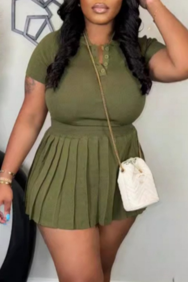 Army Green Casual V Neck Short Sleeve T-shirt And Pleated Mini Skirt Vacation Two Pieces Dress Sets