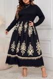 Black Casual Boho Graphics Print O Neck Long Sleeve Long Vacation Plus Size A Line Maxi Dresses
