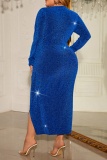 Blue Casual V Neck Long Sleeve Side Slit Formal Evening Party Plus Size Bodycon Maxi Dress