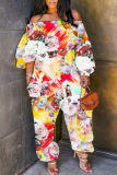 Yellow Casual Floral Print Off Shoulder Long Sleeve Pockets Harem Jumpsuits