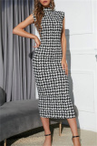 Casual Houndstooth Print Sleeveless Half A Turtleneck Wrapped Skirt Formal Evening Party Bodycon Maxi Dress