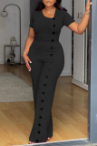 Formal Short Sleeve U Neck Buckle Office Lady Straight Leg Jumpsuits