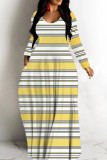 Yellow Blue Casual Striped Print V Neck Long Sleeve Floor Length Vacation Baggy Fall Slip Maxi Dress