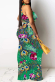 Pink Purple Floral Print O Neck Sleeveless One Step Skirt Party Evening Party Bodycon Maxi Dresses