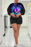 White Casual Halloween Costume Pumpkin Skull Print O Neck Long Sleeve Sweatshirt And Shorts Two Pieces Shorts Sets