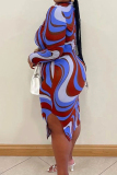 Blue Red Casual Stripe Print Hollow Out O Neck Wrapped Skirt Formal Evening Party Plus Size Bodycon Midi Dresses