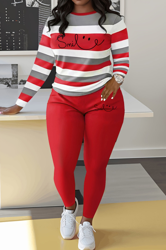 Blue Stripe Print O Neck Long Sleeve Oversize Tops And Skinny Pants Sportwear Casual Two Pieces Sweatpant Sets