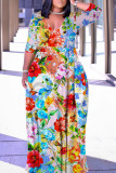 Light Yellow Floral Print V Neck 3/4 Sleeve Floor Length Vacation Long Loose Maxi Dress