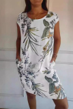 Red Casual Floral Print O Neck Short Sleeve Loose Vacation Cotton Midi T-shirt Dress