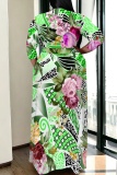 Light Yellow Floral Print V Neck 3/4 Sleeve Floor Length Vacation Long Loose Maxi Dress