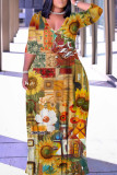 Light Yellow Floral Print V Neck 3/4 Sleeve Floor Length Vacation Long Loose Maxi Dress