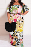 White Casual Floral Print Off Shoulder Flutter Sleeve Long Loose Vacation Plus Size Maxi Dresses