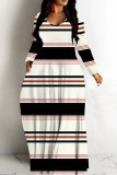 Rose Red Casual Striped Print V Neck Long Sleeve Floor Length Vacation Baggy Fall Slip Maxi Dress