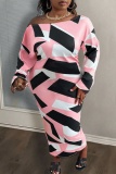 Pink Casual Geometry Print Oblique Collar Long Sleeve Plus Size Vacation Bodycon Maxi Dress