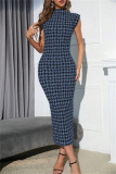 Casual Houndstooth Print Sleeveless Half A Turtleneck Wrapped Skirt Formal Evening Party Bodycon Maxi Dress