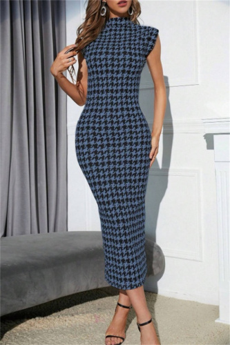 Casual Houndstooth Print Sleeveless Half A Turtleneck Wrapped Skirt Formal Evening Party Bodycon Maxi Dress