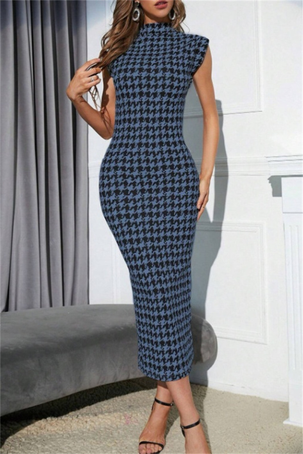 Casual Houndstooth Print Sleeveless Half A Turtleneck Wrapped Skirt Formal Evening Party Bodycon Maxi Dress