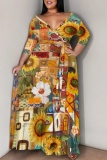 Light Yellow Floral Print V Neck 3/4 Sleeve Floor Length Vacation Long Loose Maxi Dress