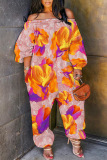 Light Blue Casual Floral Print Off Shoulder Long Sleeve Pockets Harem Jumpsuits