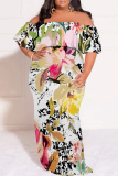 White Casual Floral Print Off Shoulder Flutter Sleeve Long Loose Vacation Plus Size Maxi Dresses