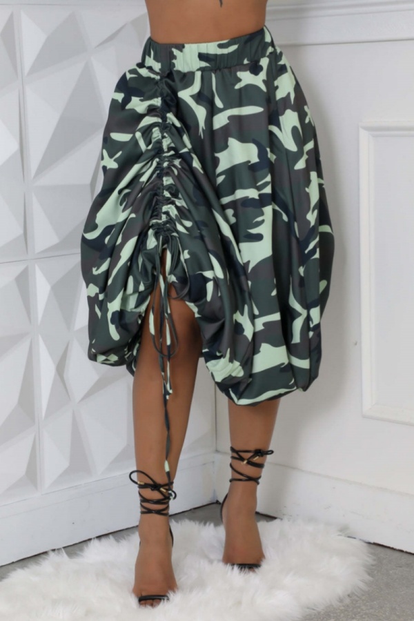 Casual Camouflage Print High Waist Drawstring Bubble Hem Midi Skirt