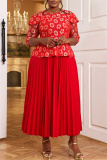 Red Casual Floral Print O Neck 3/4 Sleeve Formal Evening Party Pleated Maxi Dresses