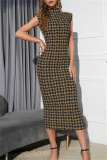 Casual Houndstooth Print Sleeveless Half A Turtleneck Wrapped Skirt Formal Evening Party Bodycon Maxi Dress