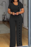 Formal Short Sleeve U Neck Buckle Office Lady Straight Leg Jumpsuits