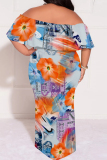 White Casual Floral Print Off Shoulder Flutter Sleeve Long Loose Vacation Plus Size Maxi Dresses