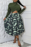 Casual Camouflage Print High Waist Drawstring Bubble Hem Midi Skirt