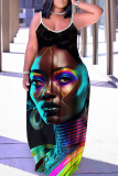 Blue Brown Figure Print Backless Spaghetti Strap Floor Length Vacation Baggy Sundress Slip Maxi Dress