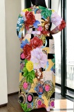 Light Yellow Floral Print V Neck 3/4 Sleeve Floor Length Vacation Long Loose Maxi Dress
