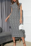 Casual Houndstooth Print Sleeveless Half A Turtleneck Wrapped Skirt Formal Evening Party Bodycon Maxi Dress