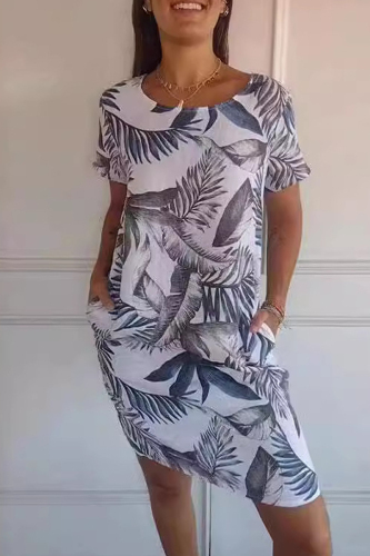Red Casual Floral Print O Neck Short Sleeve Loose Vacation Cotton Midi T-shirt Dress