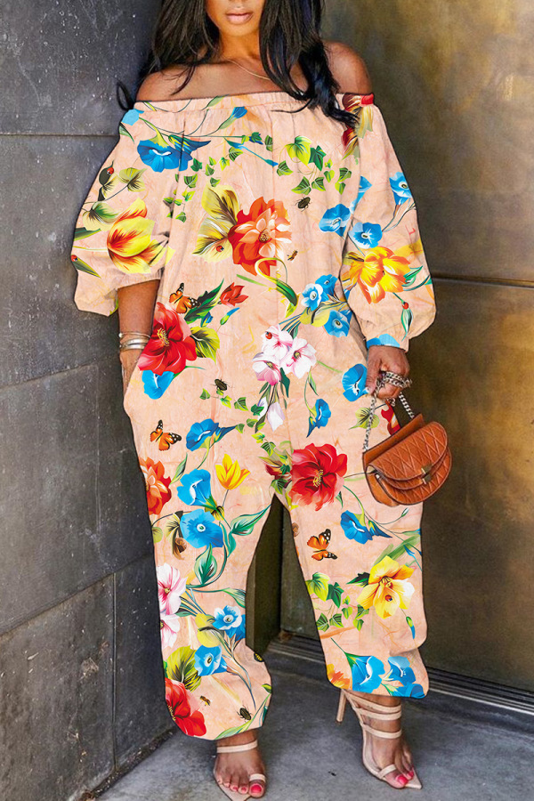 Yellow Casual Floral Print Off Shoulder Long Sleeve Pockets Harem Jumpsuits