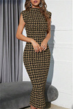 Casual Houndstooth Print Sleeveless Half A Turtleneck Wrapped Skirt Formal Evening Party Bodycon Maxi Dress