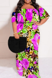 White Casual Floral Print Off Shoulder Flutter Sleeve Long Loose Vacation Plus Size Maxi Dresses